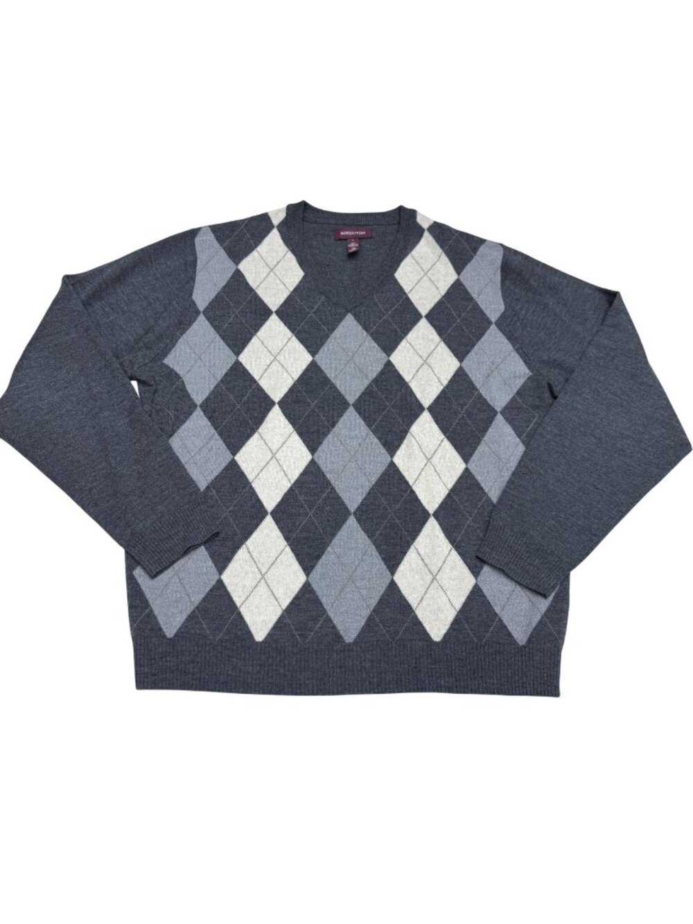 Nordstrom Men's 100% Merino Wool Argyle V-Neck Gray Sweater, Size L